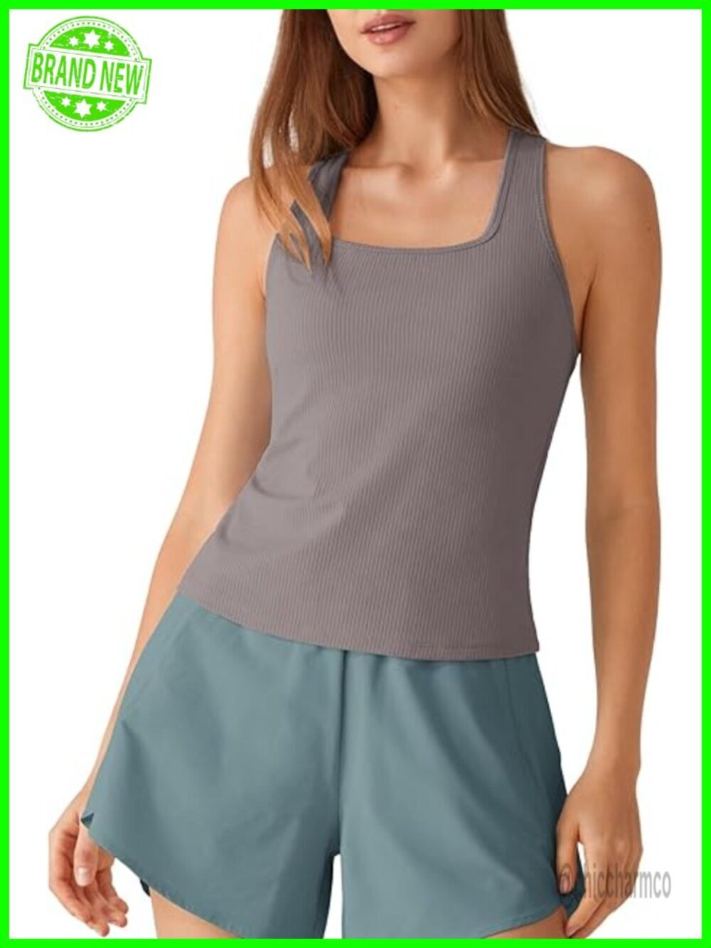 Ribbed Built in Bra Workout Tank Top Racerback Square Neck Yoga Athletic Tank